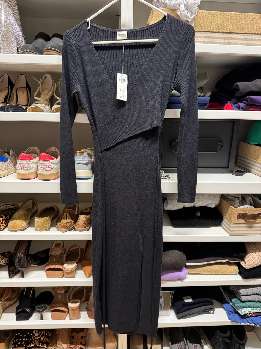 Abercrombie & Fitch Black Ribbed Wrap-Front Long Sleeve Midi Dress